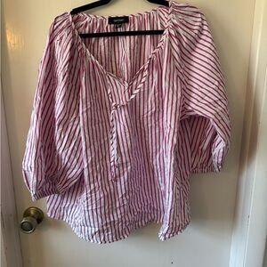 Karen Kane Pink White Striped Tie Front Blouson Sleeve Blouse 1x plus size